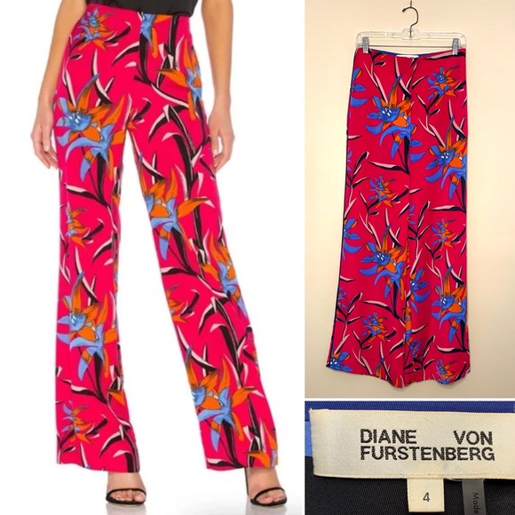 Diane Von Furstenberg Pants - Diane von Furstenberg Women's floral , wide leg pink pants.  Size 4